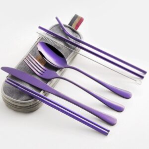 Juego de vajilla de viaje juego de cubiertos de Camping reutilizables con cuchara de paja de Metal tenedor palillos y estuche portátil