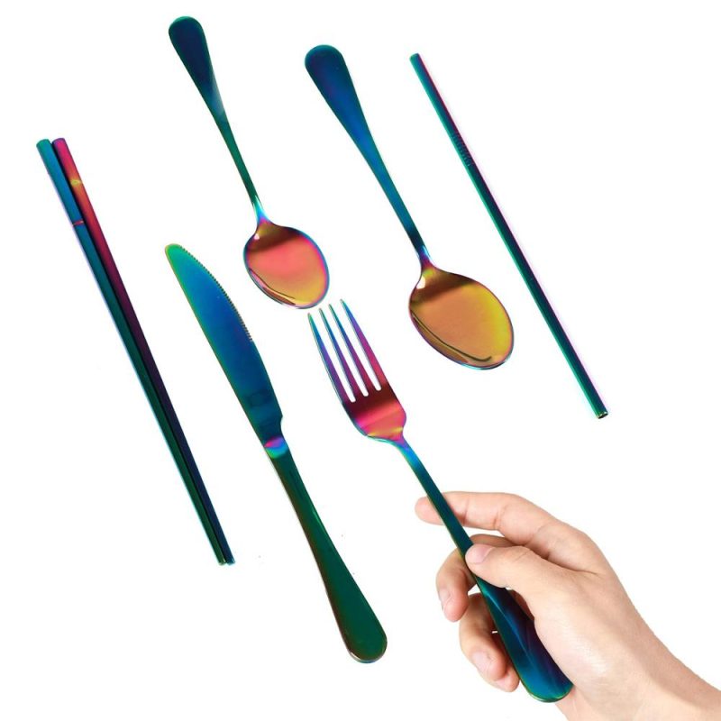Juego de vajilla de viaje juego de cubiertos de Camping reutilizables con cuchara de paja de Metal tenedor palillos y estuche portátil