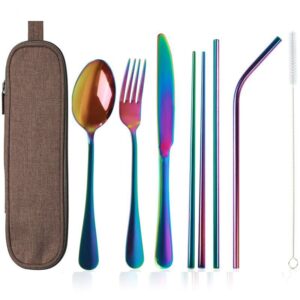 Juego de vajilla de viaje juego de cubiertos de Camping reutilizables con cuchara de paja de Metal tenedor palillos y estuche portátil