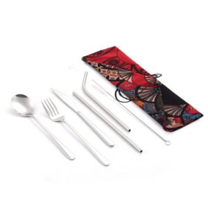 Juego de vajilla de viaje juego de cubiertos de Camping reutilizables con cuchara de paja de Metal tenedor palillos y estuche portátil