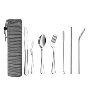 Juego de vajilla de viaje juego de cubiertos de Camping reutilizables con cuchara de paja de Metal tenedor palillos y estuche portátil