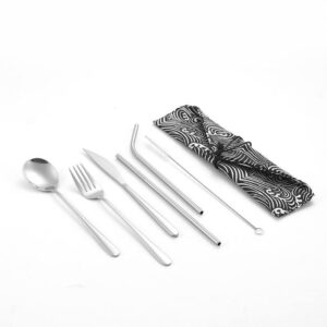 Juego de vajilla de viaje juego de cubiertos de Camping reutilizables con cuchara de paja de Metal tenedor palillos y estuche portátil