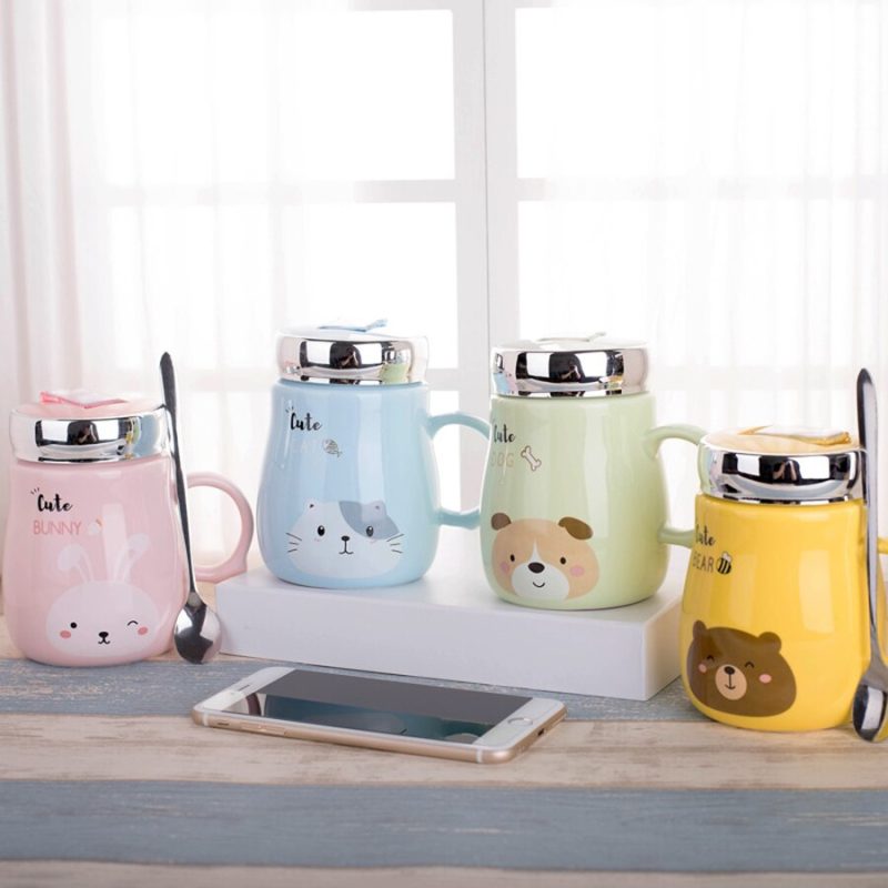 Kubek Ceramiczny Z Pokrywką i Łyżeczką - Idealny Do Szkoły - Biura - 500 ML