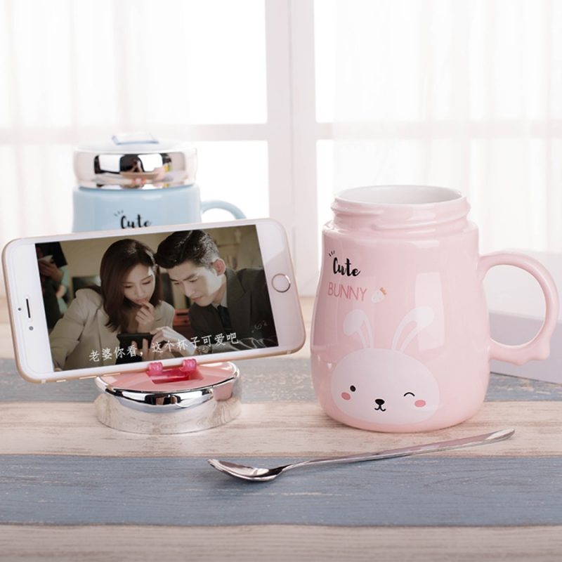 Kubek Ceramiczny Z Pokrywką i Łyżeczką - Idealny Do Szkoły - Biura - 500 ML