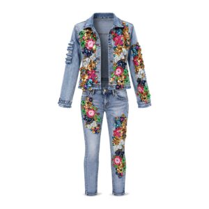 Damski komplet - Denim - Krótka Kurtka + Dżinsy - koraliki - Photo Color, L