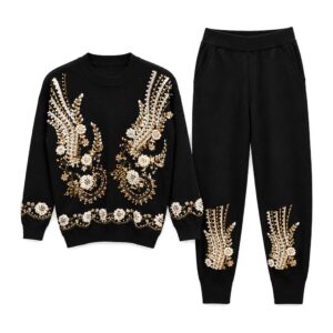 Dwuczęściowy Zestaw Damski - Cekiny Haft - Black, XL