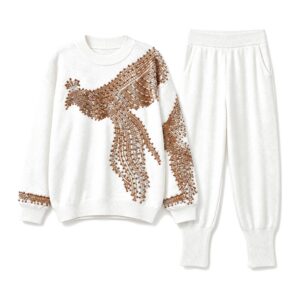 Zestaw Damski - Dzianinowy - Sweter Z Koralikami +Spodnie - White, L