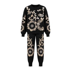 Kombinezon Z Dzianiny - Haft Sweter + Spodnie - Black, S