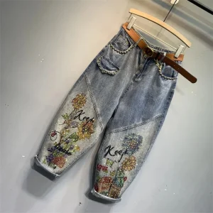 Spodnie Jeans  Haremowe z Diamentowym Wzorem