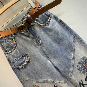 Spodnie Jeans  Haremowe z Diamentowym Wzorem