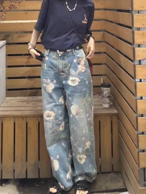 Dżinsy z Nadrukiem dla Kobiet - Vintage  Casualowe w Stylu Streetwear,