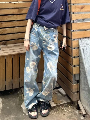 Dżinsy z Nadrukiem dla Kobiet - Vintage  Casualowe w Stylu Streetwear,