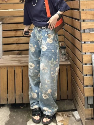 Dżinsy z Nadrukiem dla Kobiet - Vintage  Casualowe w Stylu Streetwear,