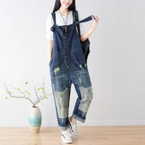 Luźne jeansowe ogrodniczki damskie z kieszeniami – styl Vintage
