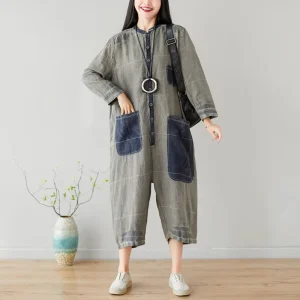Safari kombinezon damski z bawełny – luźny krój, kieszenie, patchwork, długość 3/4