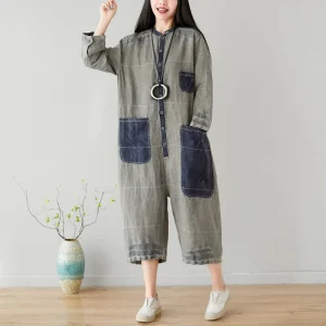 Safari kombinezon damski z bawełny – luźny krój, kieszenie, patchwork, długość 3/4