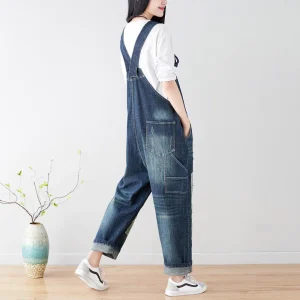 Luźne jeansowe ogrodniczki damskie z kieszeniami – styl Vintage