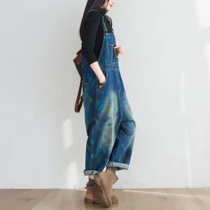 Luźne ogrodniczki jeansowe Vintage z nadrukiem
