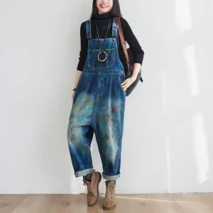 Luźne ogrodniczki jeansowe Vintage z nadrukiem