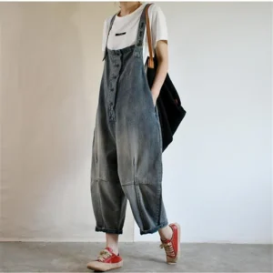 Jeansowe Ogrodniczki Oversize w Stylu Retro