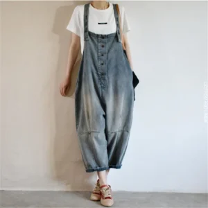 Jeansowe Ogrodniczki Oversize w Stylu Retro