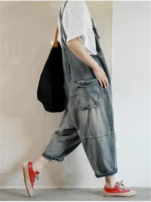 Jeansowe Ogrodniczki Oversize w Stylu Retro