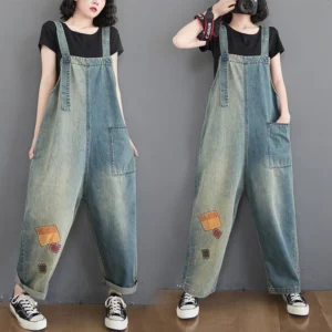 Vintage ogrodniczki damskie Gradience Patchwork z haftem