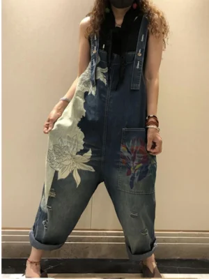 Stylowe damskie ogrodniczki denimowe Vintage – Luźne, szerokie spodnie z modnym nadrukiem