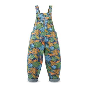 Luźne ogrodniczki jeansowe damskie – kwiatowy nadruk, szerokie nogawki, styl oversize - Wielokolorowy, XXL