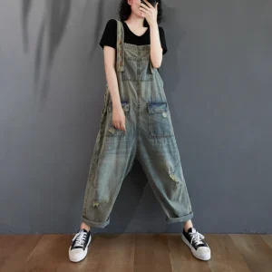 Damskie Spodnie Vintage na Szelkach z Szerokimi Nogawkami – Styl Retro,