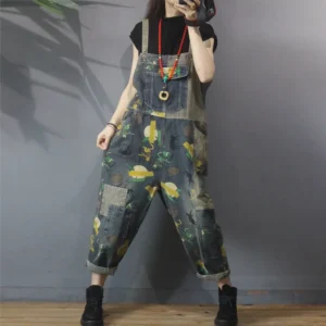 Dżinsy Damskie Vintage z Nadrukiem Patchworkowym – Styl Casual