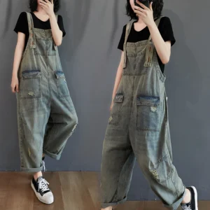 Damskie Spodnie Vintage na Szelkach z Szerokimi Nogawkami – Styl Retro,