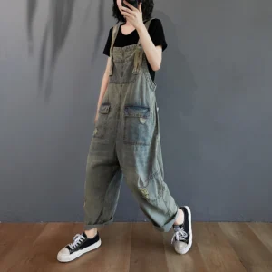 Damskie Spodnie Vintage na Szelkach z Szerokimi Nogawkami – Styl Retro,