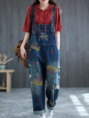 Ogrodniczki Vintage Denim z Drukiem i Poszarpanymi Dziurami