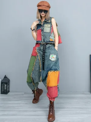 Dwuczęściowy Komplet: Kamizelka Dżinsowa i Luźne Spodnie - Modny Look