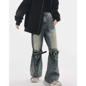 Patchworkowe Jeansy Distressed w Stylu Retro - Unisex