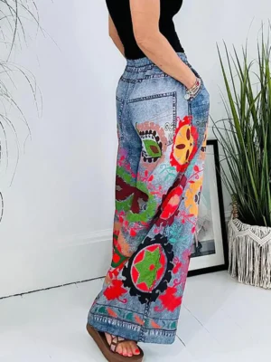 Eleganckie Spodnie Damskie z Szerokimi Nogawkami i Patchworkowym Wzorem