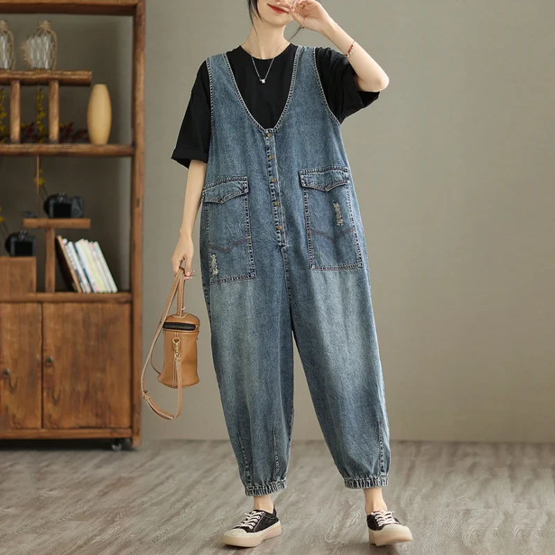 Damskie Ogrodniczki Vintage – Luźne Jeansowe