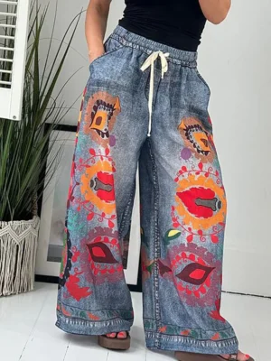 Eleganckie Spodnie Damskie z Szerokimi Nogawkami i Patchworkowym Wzorem
