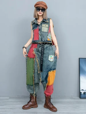 Dwuczęściowy Komplet: Kamizelka Dżinsowa i Luźne Spodnie - Modny Look