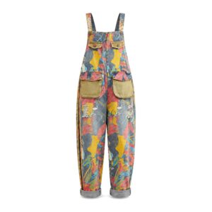 Patchworkowe Ogrodniczki Vintage z Dziurami i Nadrukiem - Żółty, M 45-60KG