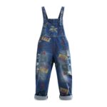 Ogrodniczki Vintage Denim z Drukiem i Poszarpanymi Dziurami
