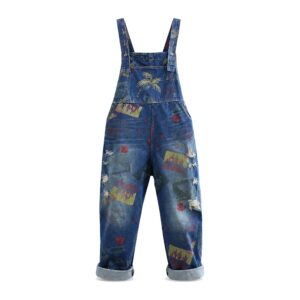 Ogrodniczki Vintage Denim z Drukiem i Poszarpanymi Dziurami