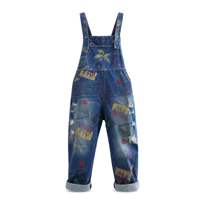 Ogrodniczki Vintage Denim z Drukiem i Poszarpanymi Dziurami