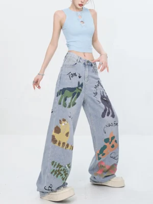 Vintage jeansy damskie z nadrukiem – luźny krój, unikalny design