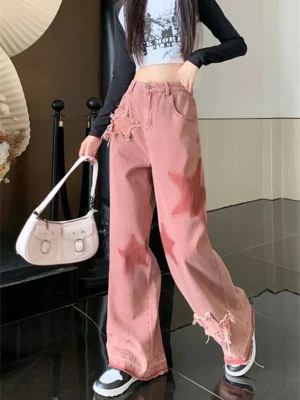 Haftowane Gwiazdy - Damskie Jeansy Vintage
