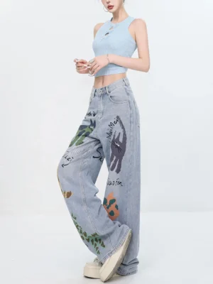 Vintage jeansy damskie z nadrukiem – luźny krój, unikalny design