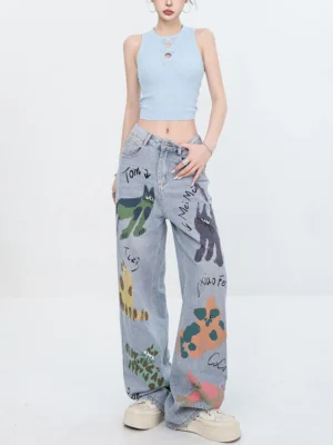 Vintage jeansy damskie z nadrukiem – luźny krój, unikalny design