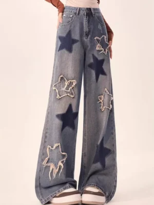 Haftowane Gwiazdy - Damskie Jeansy Vintage