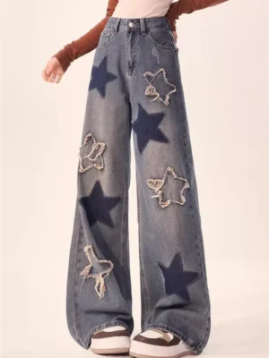 Haftowane Gwiazdy - Damskie Jeansy Vintage